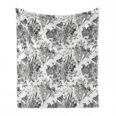 Floral Soft Flannel Fleece Throw Blanket, Detailed Engraving Look Spring Sketch Butterfly Flowers Leaves Print, Cozy Plush for Indoor and Outdoor Use, 50" x 60", Charcoal Grey and White, by Ambesonne