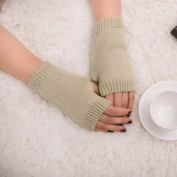 MRULIC gloves for women Girl Fingerless Warm Knitted Women Winter Warm Gloves Mitten Keep Soft Arm Gloves Beige   One size