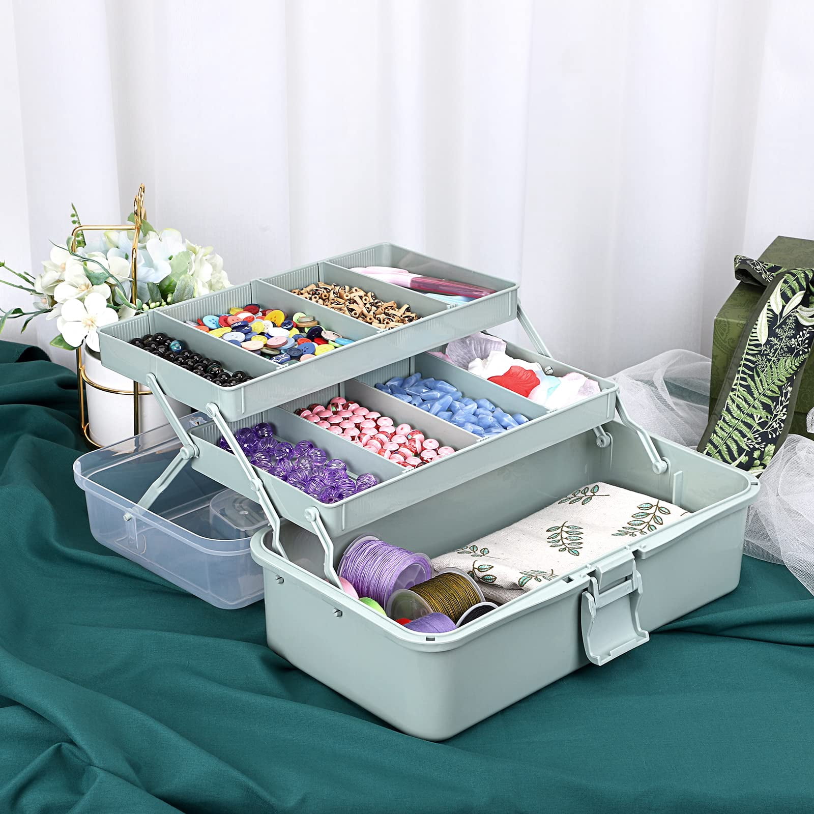 3-layer Plastic Dividing Storage Box Craft Organizer And With Adjustable Spacers Portable Handled Art Supply Multipurpose Home Utility For Sewing(haze Green)