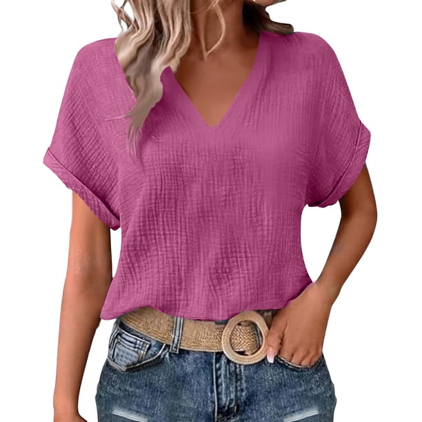 Camisetas Casuales de las Mujeres de Moda Suelta Manga Corta V-Cuello Superior con Doble Capa Arrugado Detalle, Suave Poliéster Color Sólido Blusa para el Uso Diario, Camisetas de Cuello en V de las