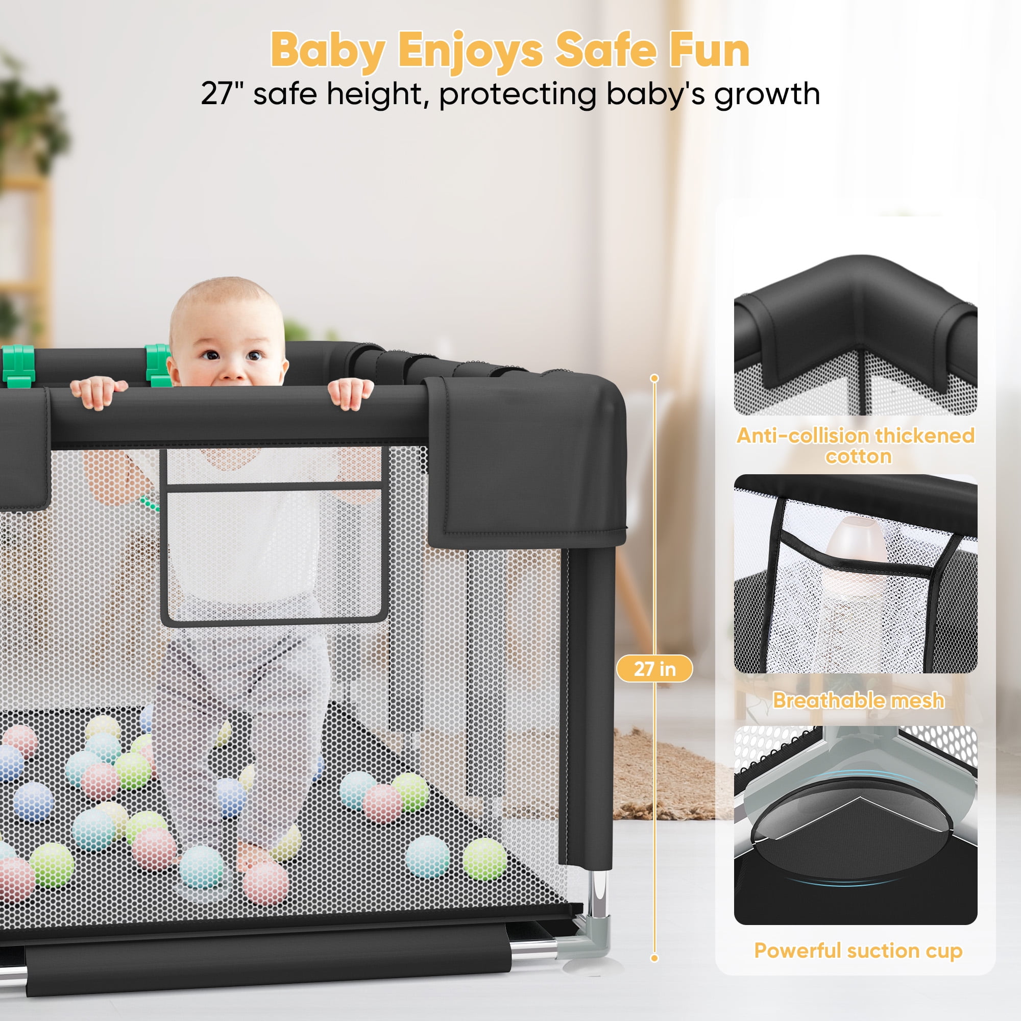 babyeap Baby Playpen,73 Inch Extra Large Baby Playard,Playpen for Babies and Toddlers With Basketball Hoop,Children Kids Play Fence for Indoors Outdoors,Black
