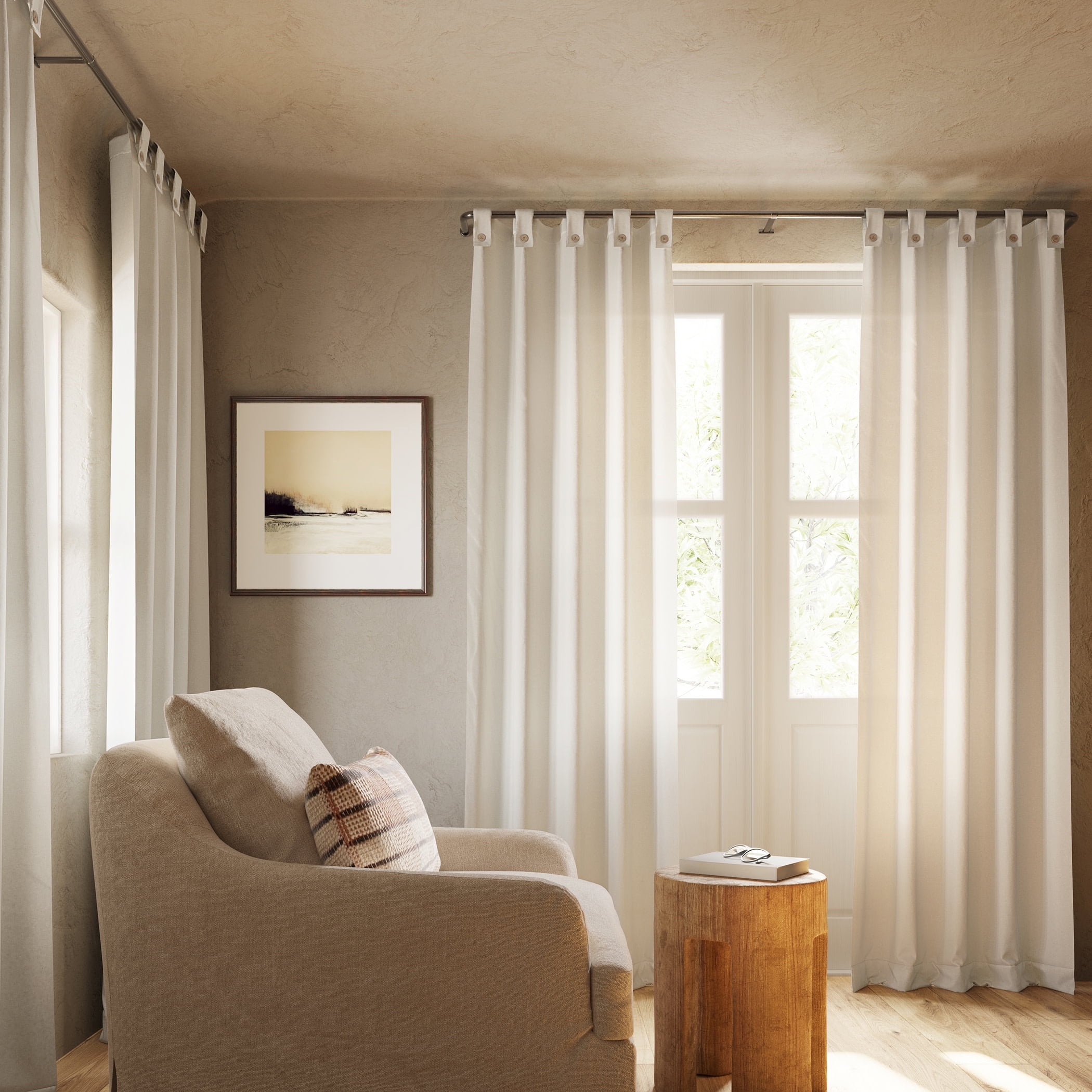 Archaeo  Cotton Blend Button Semi-Sheer  Tab Top Single Curtain Panel, 1 Panel, Cream, 40”W x 84"L