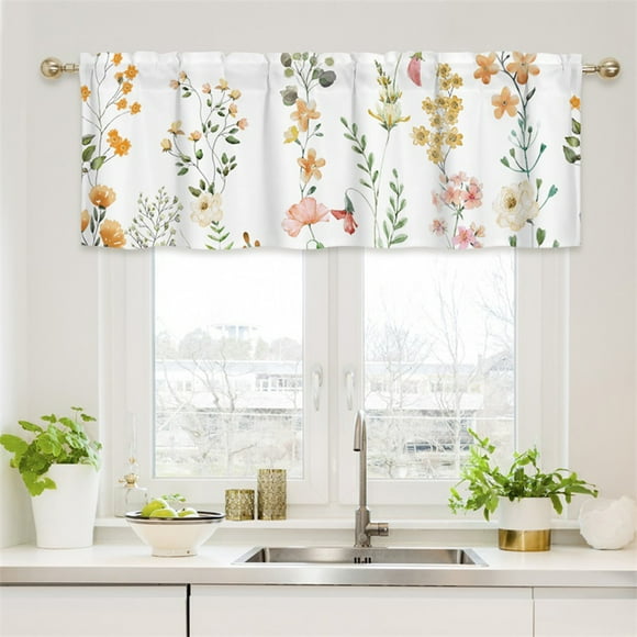 Uuiauoio Spring Flower Curtains Valances for Bedroom Living Room, Vintage Farm Watercolor Flower Curtains & Drapes Rod Pocket, Plant Valance for Kitchen Windows Curtain Over Sink 52x18in,1 Panel