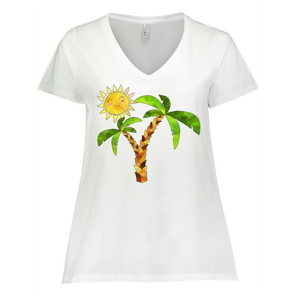 Inktastic Palm Trees with Cute Smiling Sun Women's Plus Size V-Neck T-Shirt