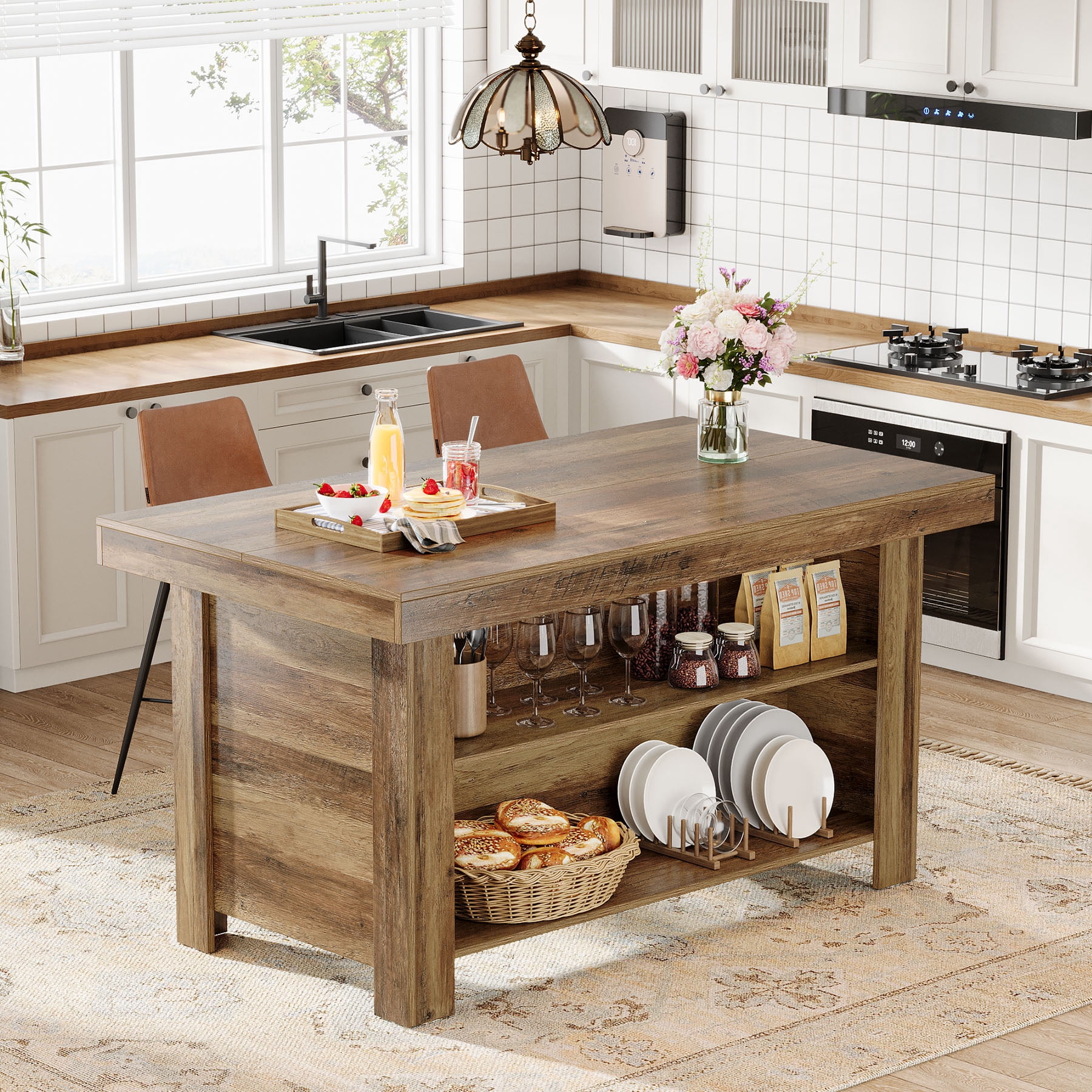 Finmind 3-Tier Farmhouse  Kitchen Island with Storage Shelf, 55-Inch Wooden Stationary Island Table with Large Worktop for Kitchen, Rustic Brown