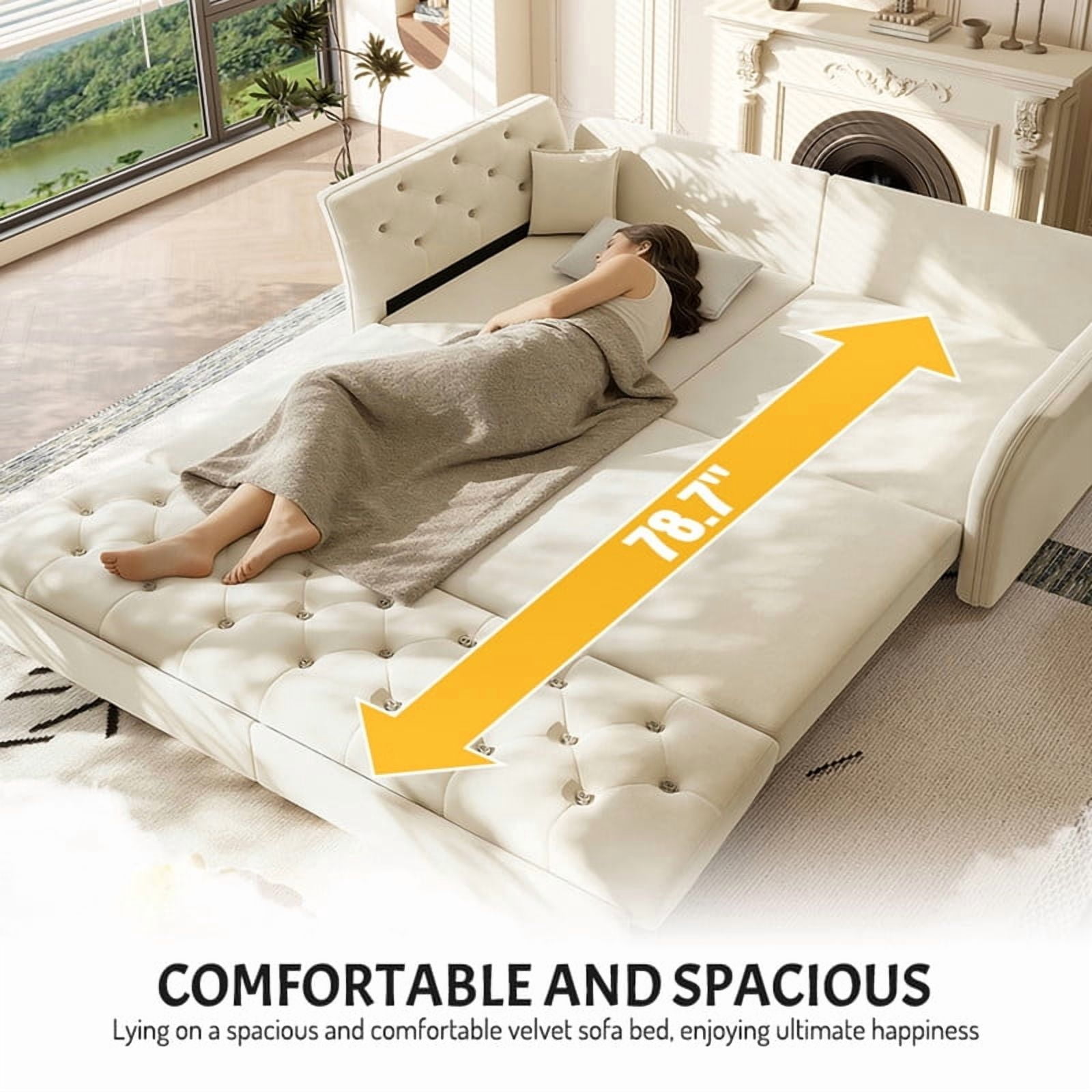 74.4"W Velvet Tufted 2-in-1 Pull Out Sofa Bed, Convertible Sleeper Sofa, Upholstered Large 3-Seater Loveseat Couch