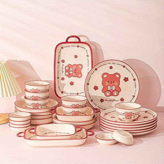 Red Glaze Little Bear Ceramic Tableware Set - 12pcs Cute Bear Pattern Plates for Vegetables, Fruits, Salads, Pasta - Ideal for Family Kitchens, Restaurants, Birthday Parties