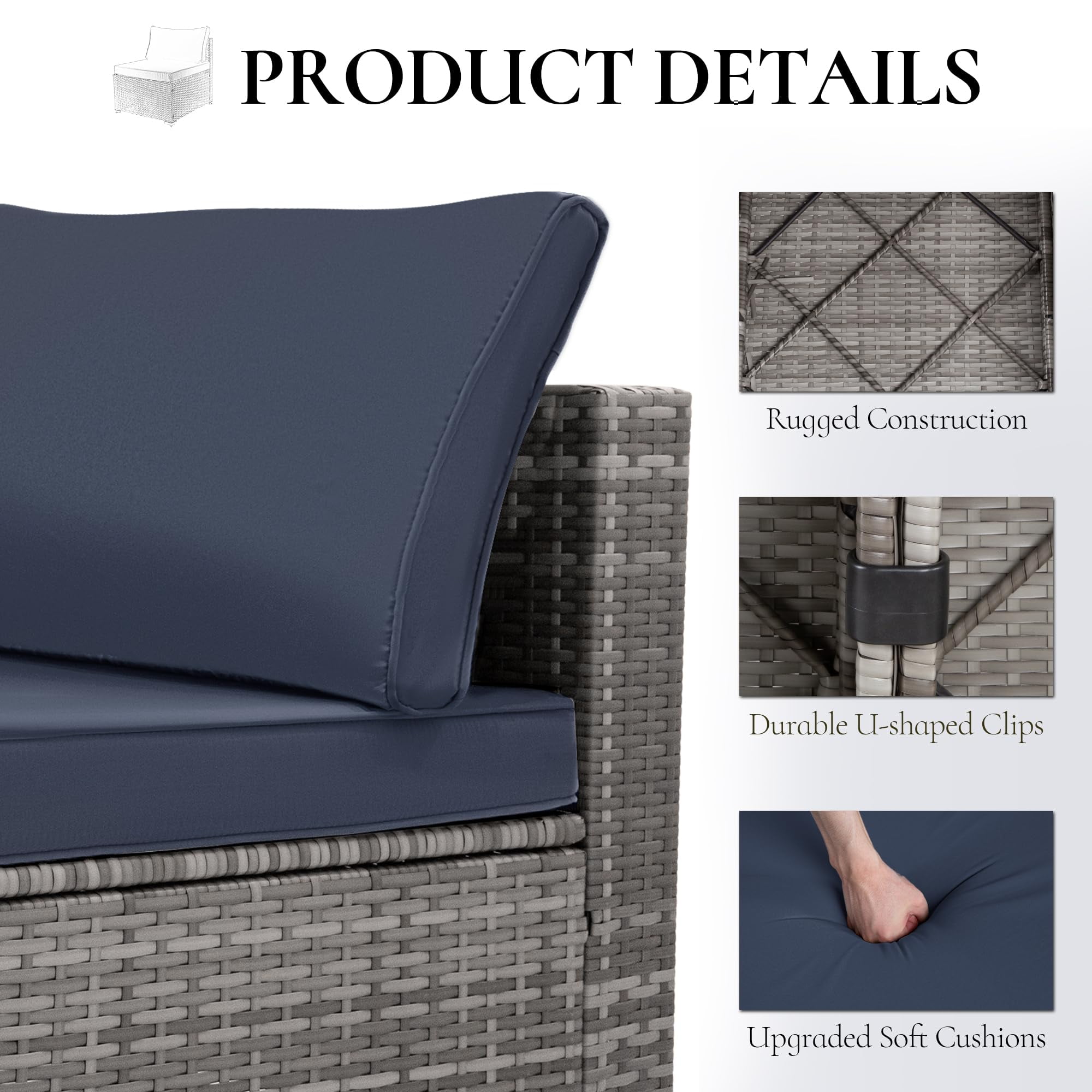 FHFO 7 Pieces Outdoor Patio Furniture Set, Outdoor Sectional Wicker Sofa with Thick Cushions All Weather Modular Rattan Conversation Couch for Outside Porch Garden Backyard Grey-Navy Blue