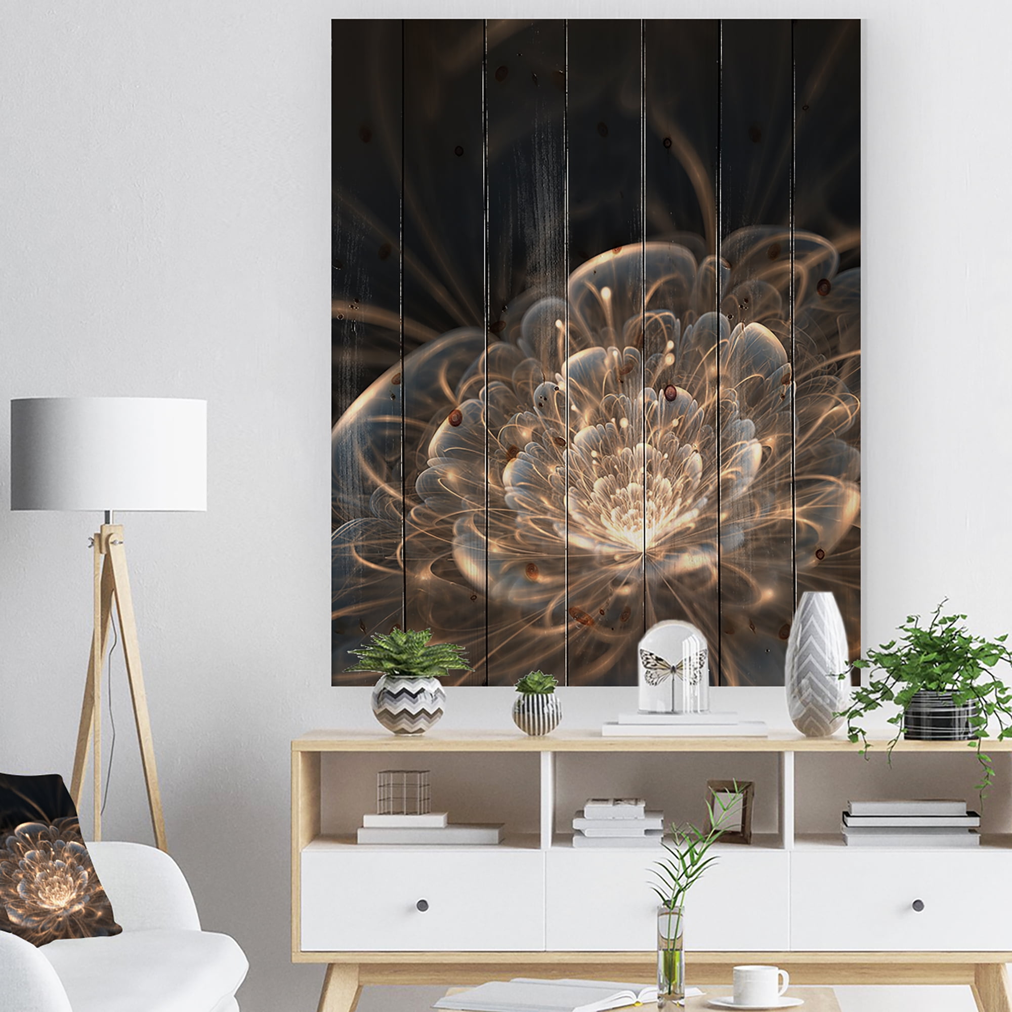 Designart 'Golden Rays With Fractal Flower' Floral Art Print on Natural Pine Wood