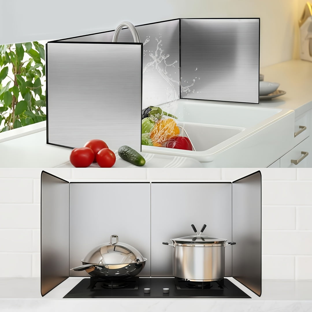 4-Sided Foldable Splatter Guard - 31.5'' Stainless Steel Splash Screen with Nonstick Coating | Heat Resistant Oil Shield for Gas Range & Frying Pan | Commercial Kitchen Backsplash Protector