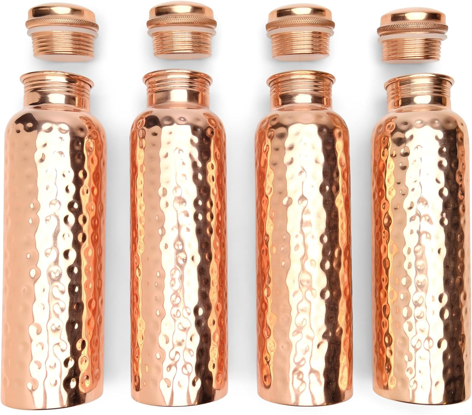 Glytterati Hammered Copper Water Bottle (Set of 4) | Pure Copper Bottle | Pure Copper Vessel | Copper Bottle for Drinking Water