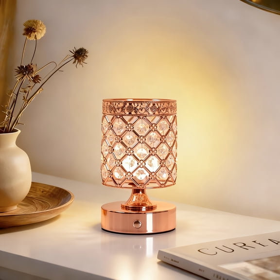 Cordless Table Lamp with Crystal Metal Shade, Rechargeable Touch Bedside Lamp