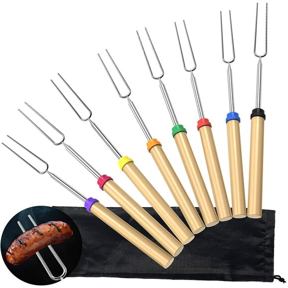 Marshmallow Roasting Sticks, 8 Pack Roasting Sticks with Wooden Handle 32 Inch Extendable BBQ Forks Telescoping Smores Sticks