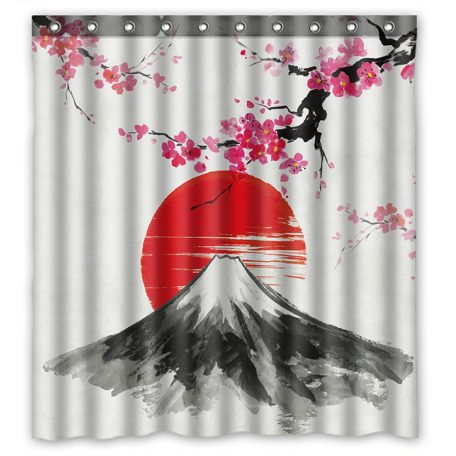 PHFZK Japanese Shower Curtain, Sakura Cherry Trees Mountain Fuji Under