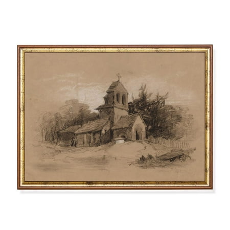Rustic Church Charcoal Drawing Vintage Sepia Chapel Art Poster Home Decor, 8x12 UNFRAMED
