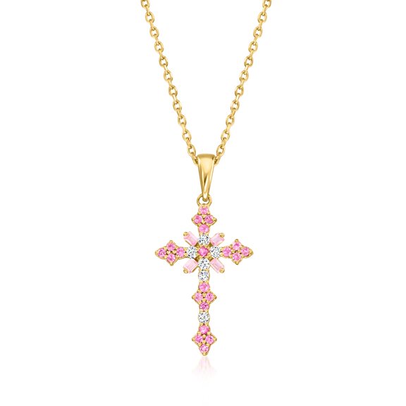 Ross-Simons 0.29 ct. t.w. Pink Sapphire Cross Pendant Necklace With Diamonds in 18kt Gold Over Sterling, Women's, Adult