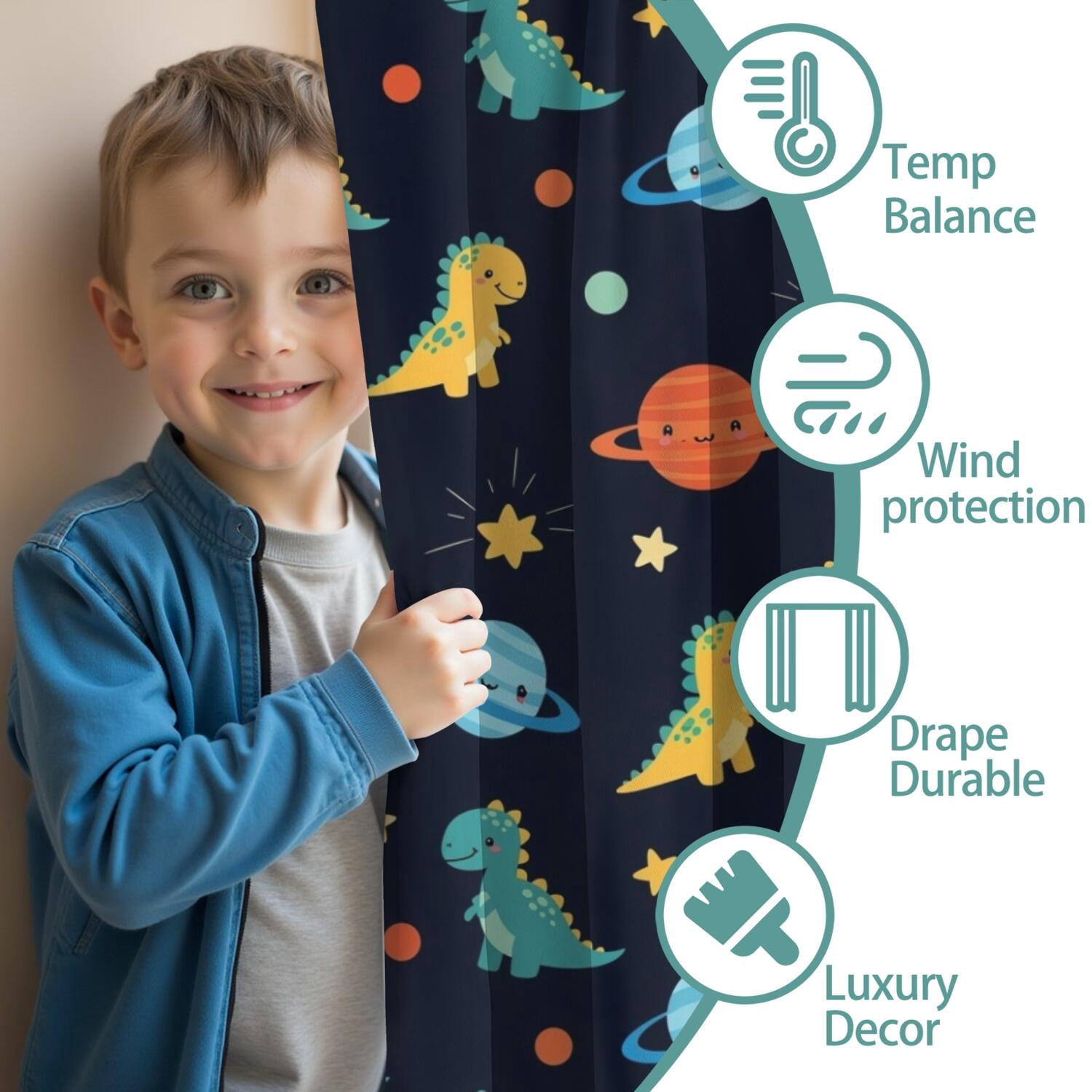 Blackout Kids Curtains,Dark Blue Dinosaurs Space Pattern Childrens Insulated Curtains Set Of 2,Bedroom Essentials,Toddler Room Decor 42"x84"