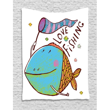 - Fishing Tapestry, Kids Cute Large Fat Fish Holding a Flag with Love Quote Humor Fun Nursery Theme, Wall Hanging for Bedroom Living Room Dorm Decor, Multicolor, by Ambesonne
