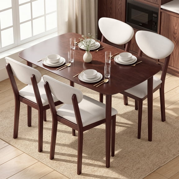 Dining Table Set for 4, Kitchen Table and Chairs with Padded Seats and Backrests, Solid Wood Frame, Cream White