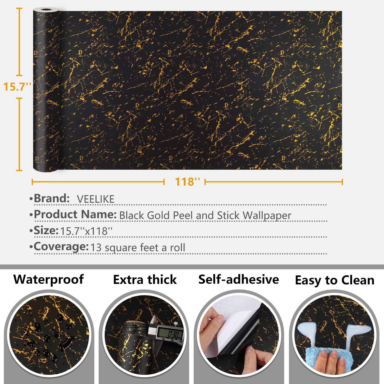 VEELIKE Black Gold Marble Contact Paper for Countertops Waterproof Marble Wallpaper Peel and Stick Countertops for Kitchen Bathroom 15.7''x118'' Black Counter Top Covers Laminate Sheet for Table Wall