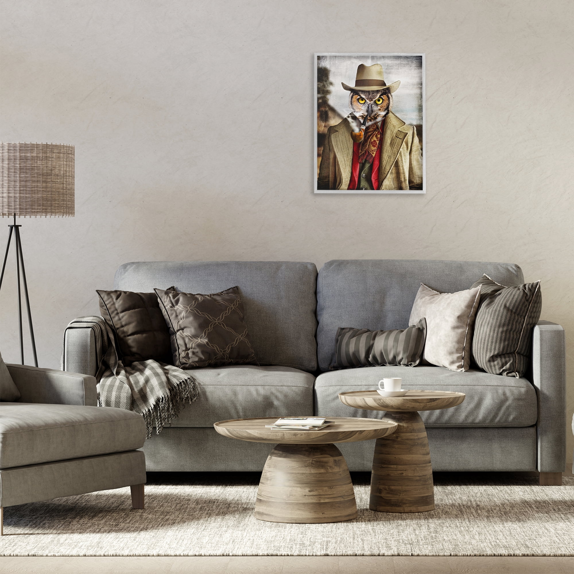 Stupell Industries Owl with Classic Pipe Animals & Insects Painting Gray Framed Art Print Wall Art, 16 x 20