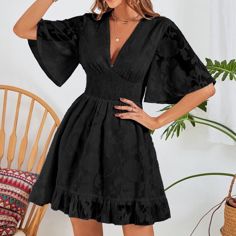USSUMA Smocked Flowy Aline Swing Dress for Women Wedding Guest Mini Summer Dresses  Casual Chiffon Floral 2022 Sundresses Casual Beach Ruffle Sleeve V Neck Sun  Dresses