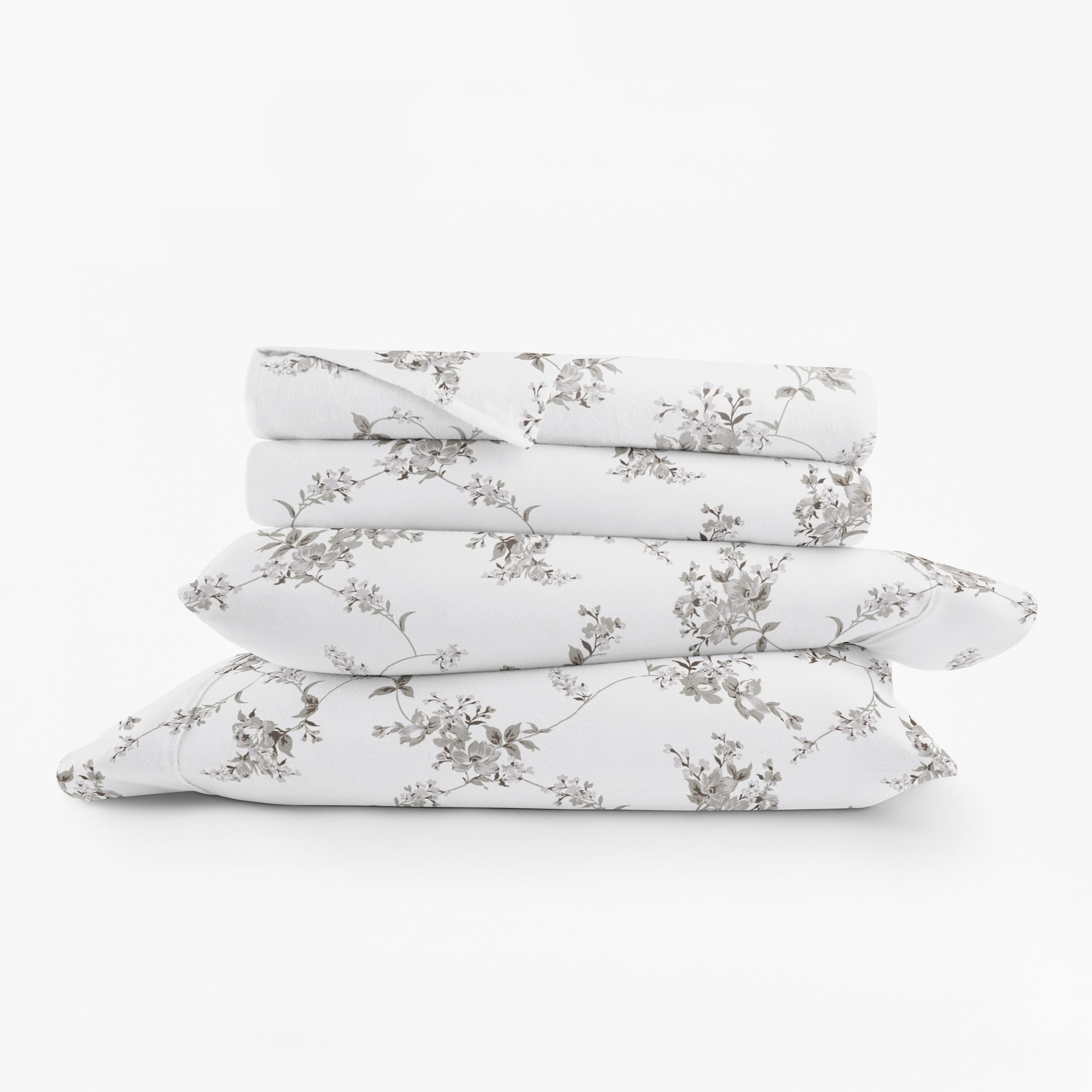 Gray Sylvan Rose 4 Piece 100% Cotton Flannel Deep Pocket Sheet Set, Full, by Noble Linens