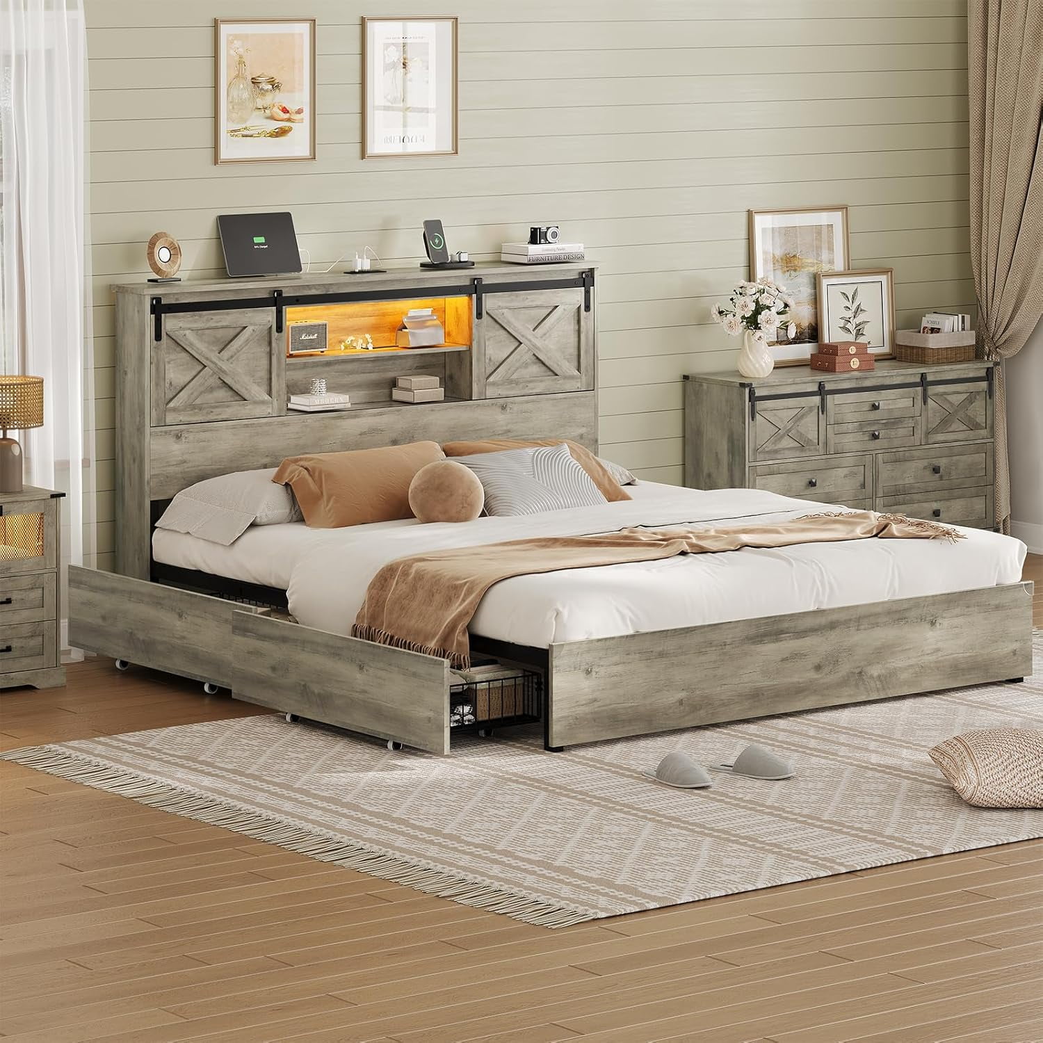 Farmhouse King Size Bed Frame with Charging Station & LED Lights,Wooden Platform King Beds with 4 Storage Drawers,Storage Headboard and Sliding Barn Door,Gray