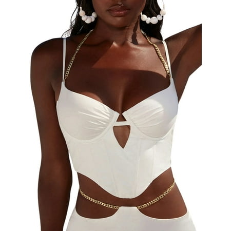 

Amuver Women Camisole Top Sexy Sleeveless Chained Halterneck Irregular Zip Closure Summer Club Tops