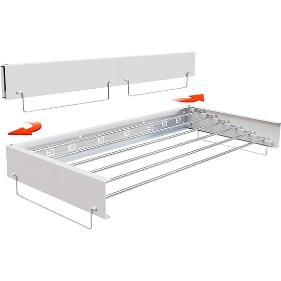 Wall Mounted Clothes Drying Rack – Space-Saving Collapsible 5-Rod Hanger, Heavy Duty 60 lbs Capacity – Indoor Outdoor Laundry Room Organizer – Retractable Aluminum Rods – White