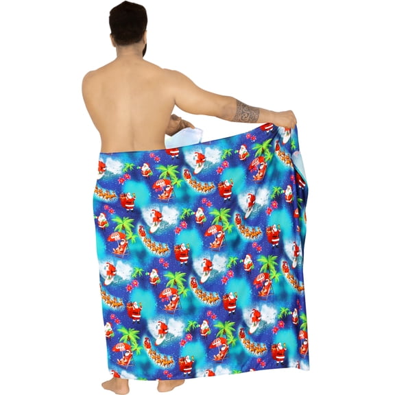 LA LEELA Men's Christmas Tree Swim Bath Trunk Swimsuit Regular Surfing Swimwear Sarong Long Pareo Beach Wrap One Size Azure, Santa Reindeer Sleigh