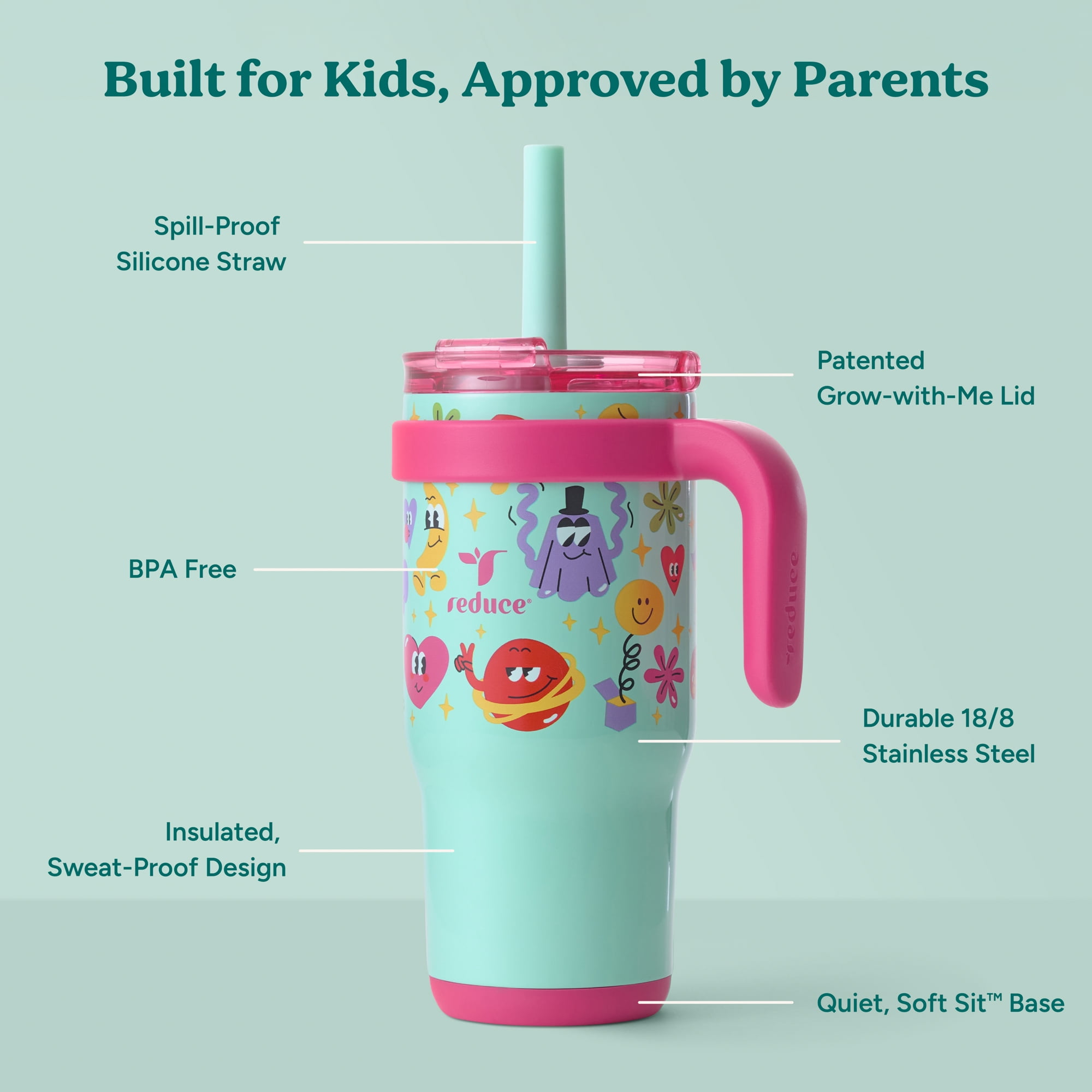 Reduce Coldee Kids 18 oz Tumbler Spill-Proof Straw & Handle. Insulated Stainless Steel, Funny Foods
