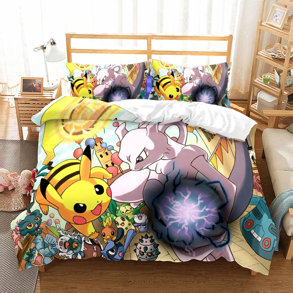 MEW Anime Poke-mon Full/Queen Bedding Duvet Cover Set,Poke-mon Pikachu ,3 Pieces Bedding Set,with Zipper Closure and 2 Pillow Shams,Cute Boys Girls Comforter Sets,Luxury Bedroom Decorations 35 