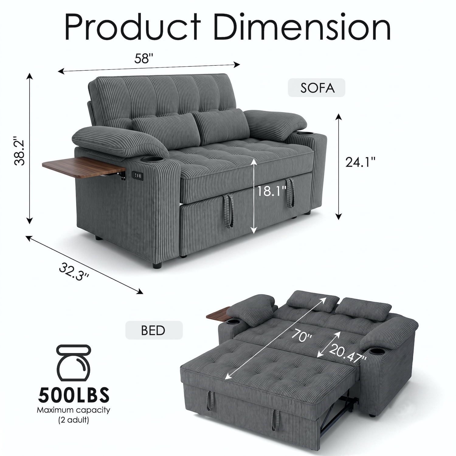 58" Convertible Sleeper Sofa Bed, Full Size Pull Out Couch with USB Charging, Cup Holders, Side Table, Adjustable Backrest, Corduroy Loveseat for Living Room, Apartment, Office (Dark Gray)