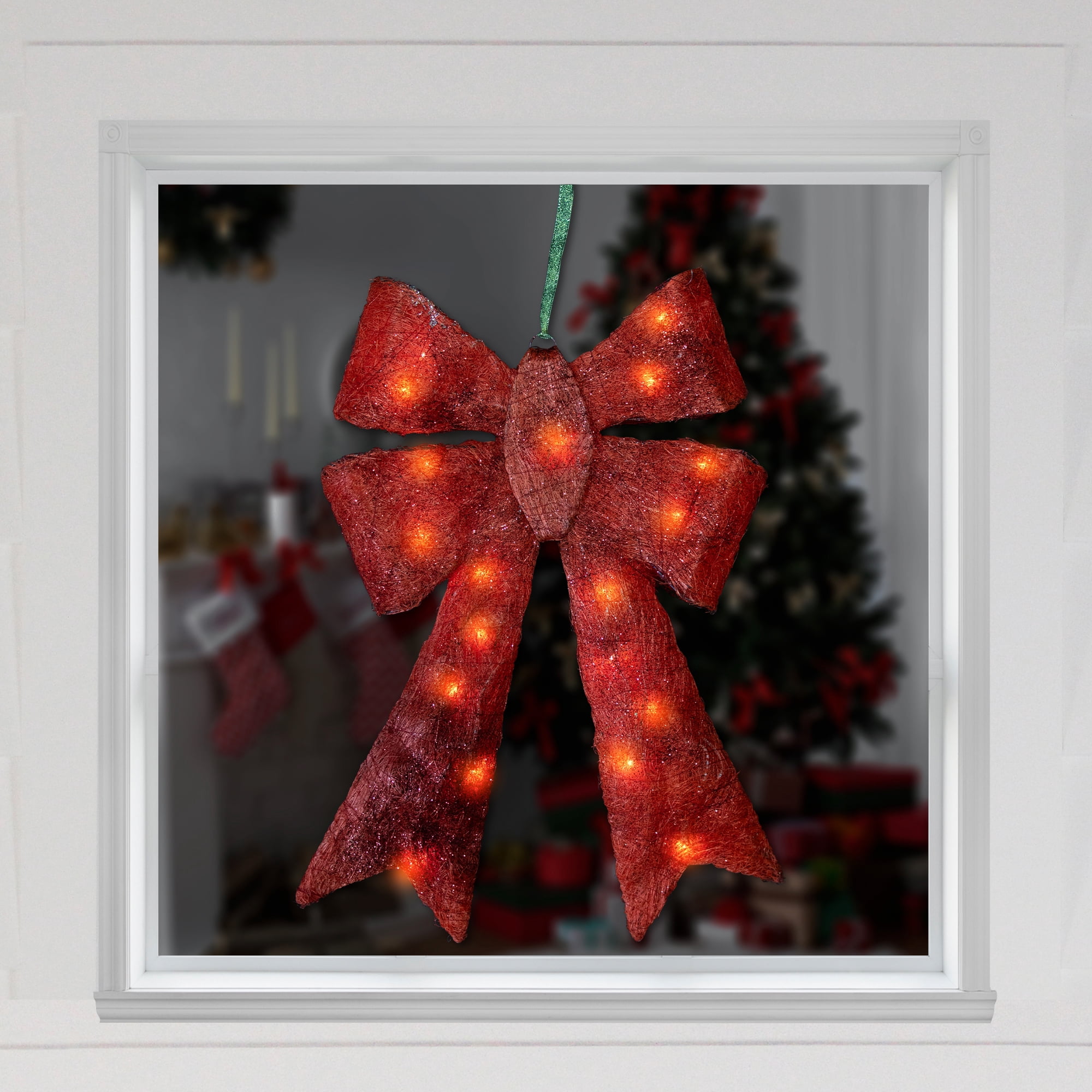 Northlight Lighted Sparkling Sisal Outdoor Christmas Double Bow - 23" - Red - Clear Lights