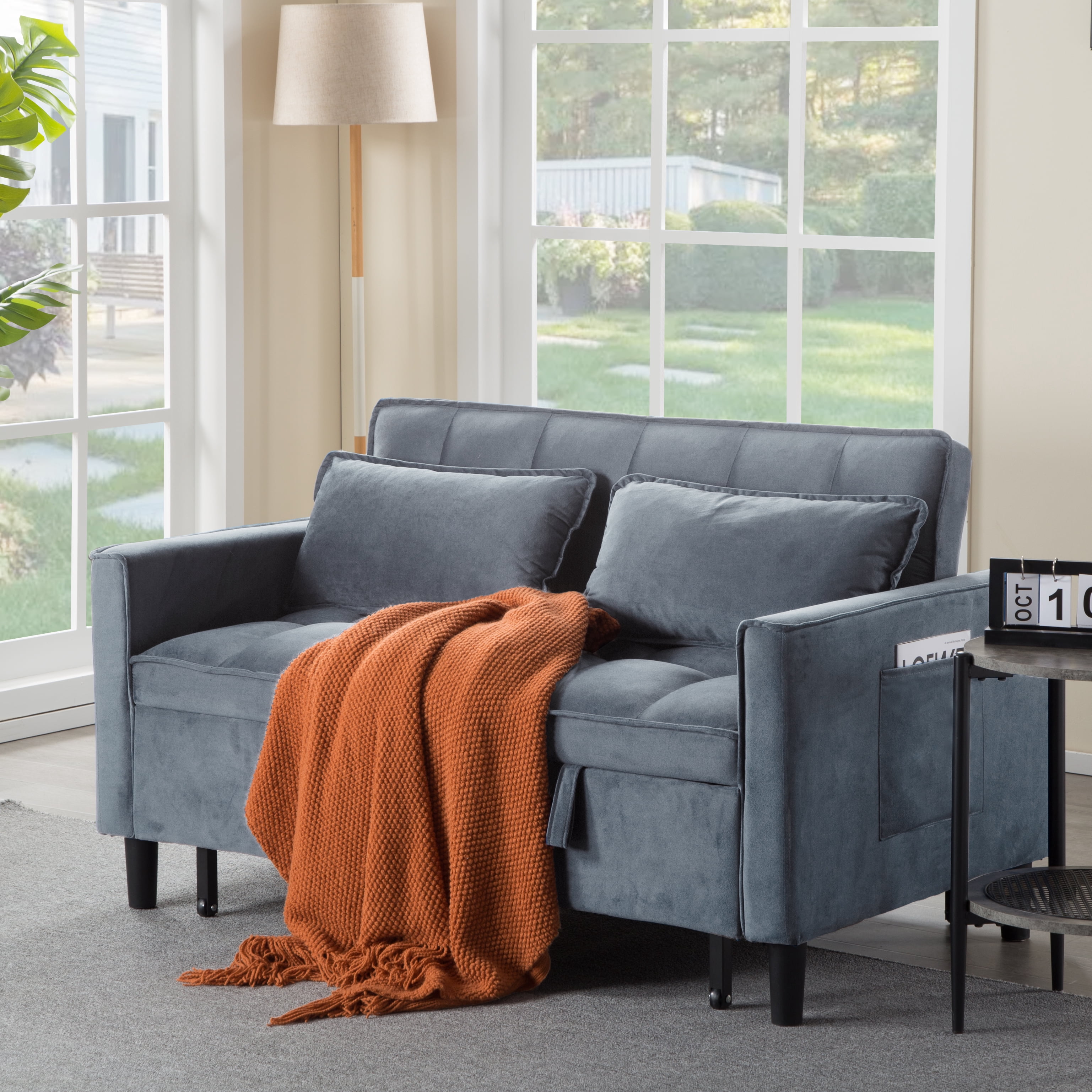 Gewnee 53.94”Convertible Sofa Bed,Pull-Out Sleeper Loveseat with 3 Angle Reclining & Storage Pocket,Futon Sofa for Small Space & Guest Room.Dark Grey