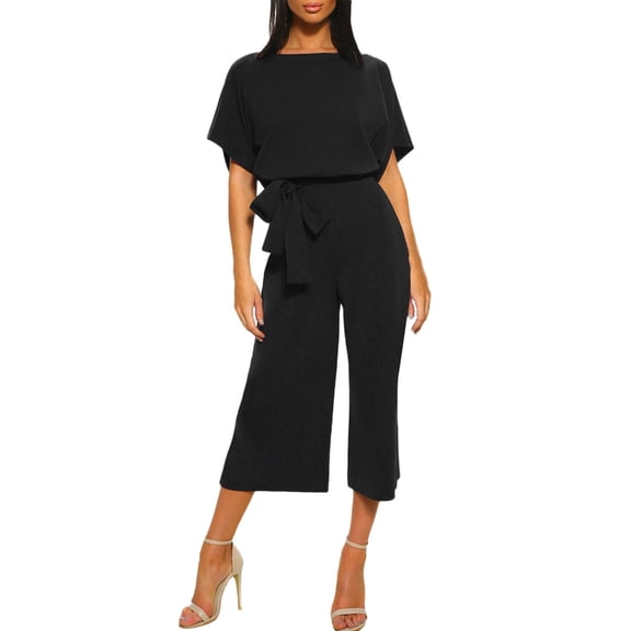 YOTMKGDO Jumpsuits for Women O Neck Women Casual Jumpsuit O Neck Solid Color Junpsuit Short Sleeve Belted Wide Elegant Leg Pant Jumpsuit, Sizes S-XL