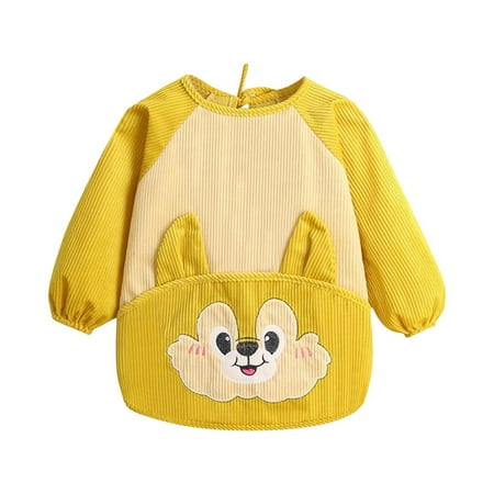Long Sleeve Bibs Toddler Kids Funny Apron Corduroy Coverall Dirt-Proof Apron Reverse Wearing Cute Soft Bibs Yellow 3 Years
