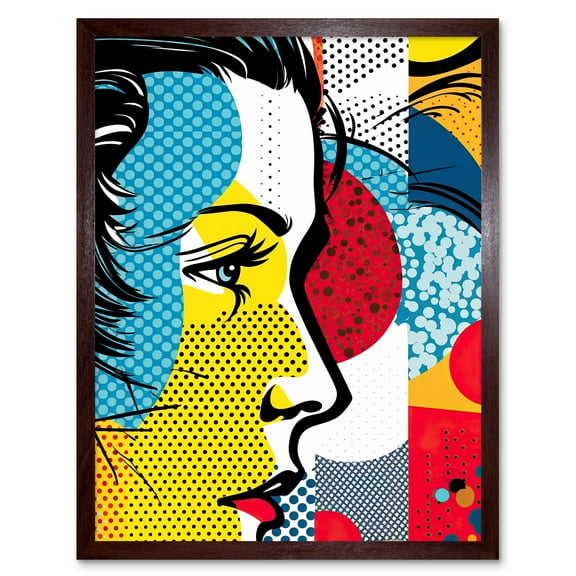 Modern Abstract Woman Face in Profile Comic Book Style Red Yellow Geometric Halftone Art Print Framed Poster Wall Decor 12x16 inch