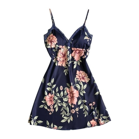 Tao Tao Women s Fashion Nightgown Satin Smooth Spaghetti Strap Nightdress Comfy Lace Floral Print Babydoll Lingerie Full Slips Navy M
