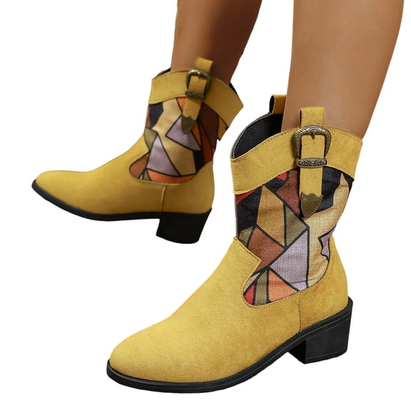 Willtoo Winter Boots for Women Boho Geometric Print Western Cowboy Ankle Boots, Retro Faux Suede Buckle Strap Mid Block Heel Pointed Toe Cowgirl Booties, Non-Slip Casual Fashion Short Boots