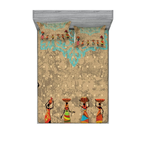 Ambesonne Vintage Fitted Sheet & Pillow Sham Set, Folkloric Boho African, Queen, Seafoam Cocoa