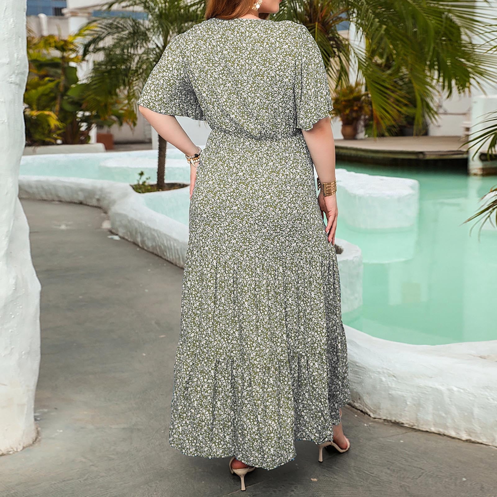 Oplxuo Plus Size Maxi Dresses for Curvy Women Summer Casual Boho Ditsy Floral Print Layered Flared Long Dress