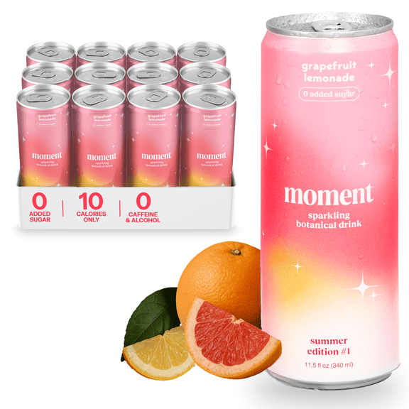 Moment Adaptogen Drink Lemon Grapefruit Sparkling Soda, 11.5 Oz, 12 Pack Cans