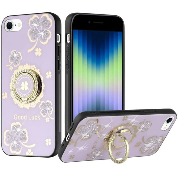For Apple iPhone 14 (6.1") Diamond Bling Sparkly Glitter Ornaments Engraving Hybrid Ring Stand Holder Fashion Cover ,Xpm Phone Case [ Purple Good Luck Floral ]