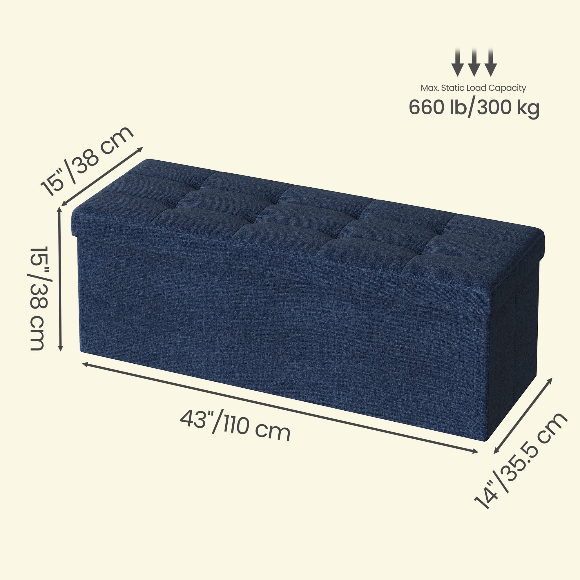 Ledrem Large Foldable Storage Ottoman Bench, 660lb Capacity, Footrest, Midnight Blue