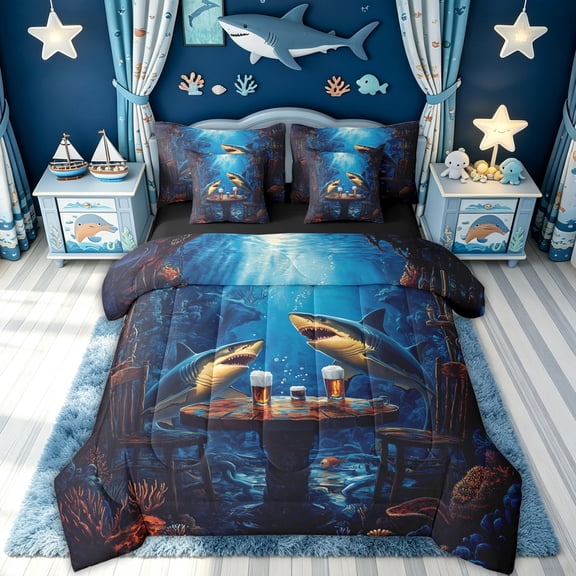 meiyoeat Ocean Navy Shark Twin Bedding for Men Boys, Kawaii Coastal Animal Bedding Comforter Set, Black Reversible, 7 Pieces