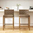 thumbnail image 3 of Guyou 26" Rattan Bar Stools Set of 2, Farmhouse Woven Wooden Counter Height Stools with Footrest, Leather Upholstered Bar Chairs for Kitchen Island, Pub & Bar, Brown, 3 of 7