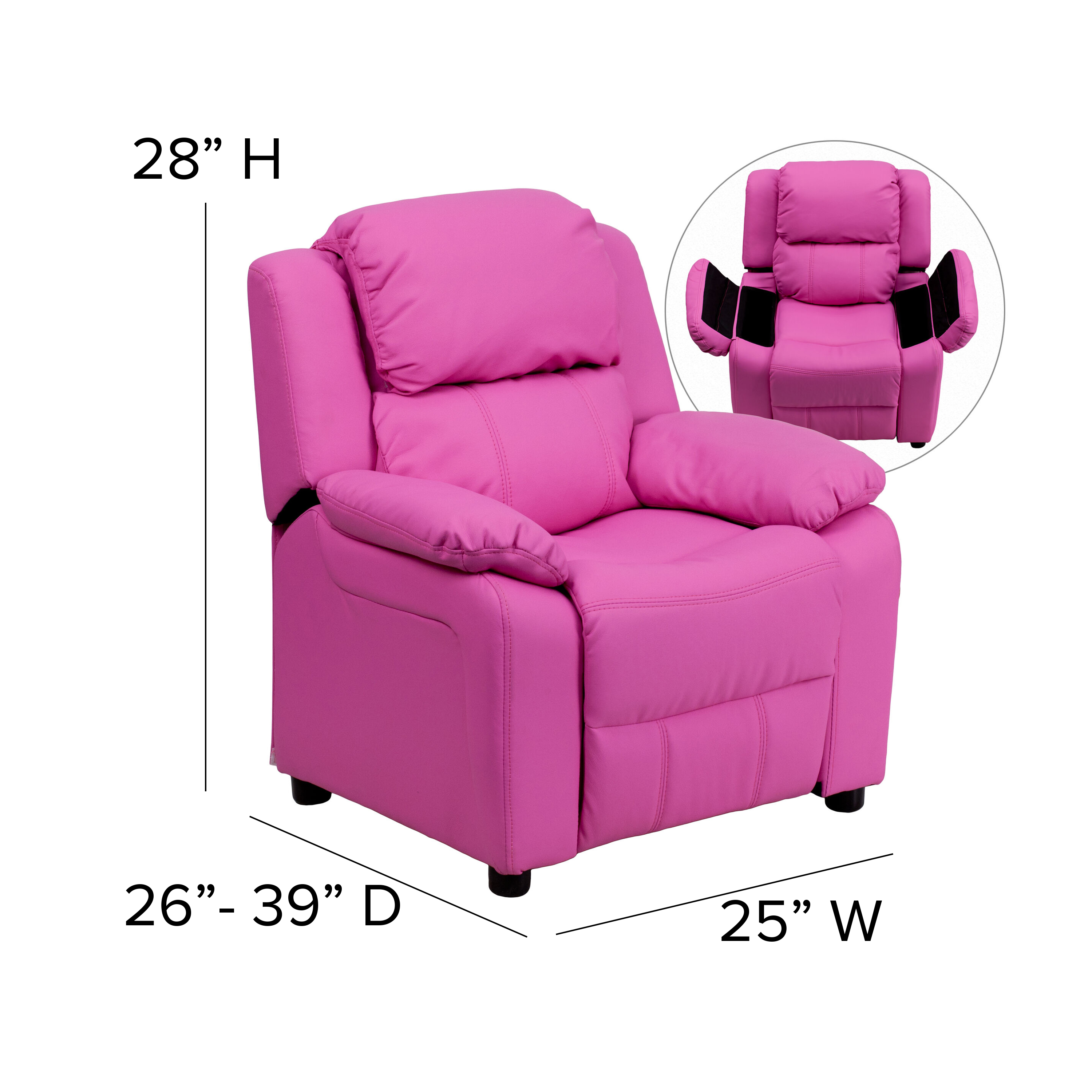 Flash Furniture Deluxe Padded Contemporary Hot Pink Vinyl Kids Recliner with Storage Arms - image 5 of 13