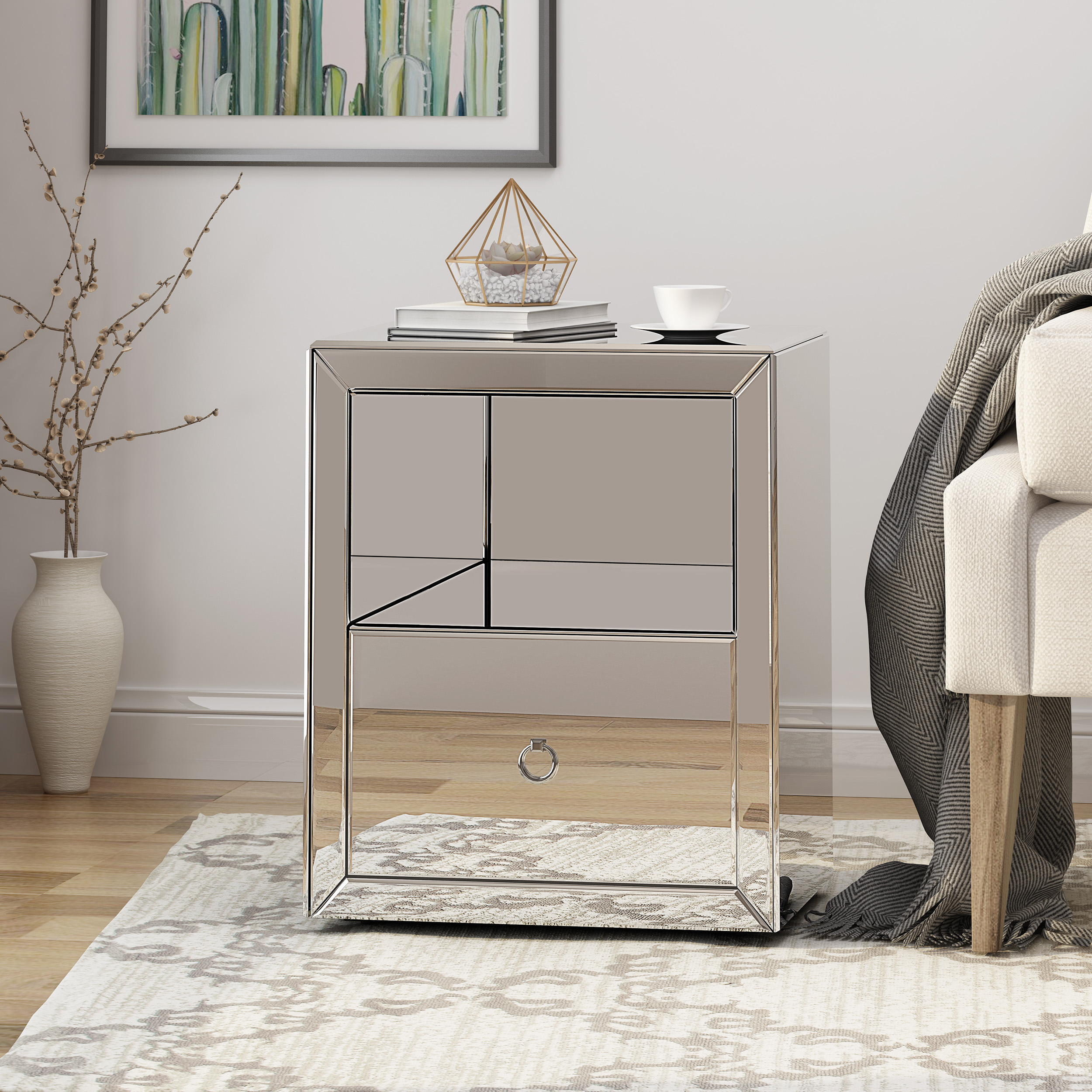 Noble House Emery Modern 1 Drawer Tempered Glass Mirror